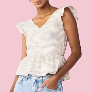 Draper James RSVP Flutter Sleeve Pink Green Seersucker Peplum Hem Top Size XL